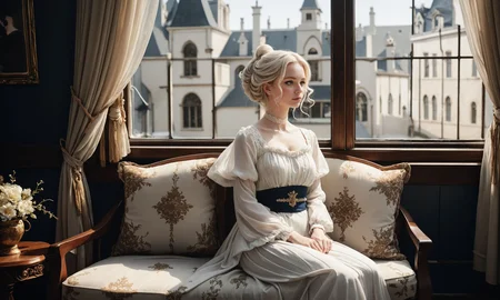 (averted gaze, white of eye visible, looking away:1.5) white hair, looking away, (style of Paolo Roversi) Renaissance young adult woman, pale skin, flowing diaphanous gown, seated by a window, period-appropriate artifacts, (soft face light:1.5), intricate details, thoughtful expression, soft lighting, rich textures, detailed embroidery, elegant and timeless, muted color palette, vintage and nostalgic, rule of thirds composition, soft shadows, dreamy atmosphere, smokey eye makeup, (porcelain skin, fair skin, staring ahead, blank expression:1.3), modesty panel, lace choker, bow-shaped lips, fill lighting, Bella_Jockitch
