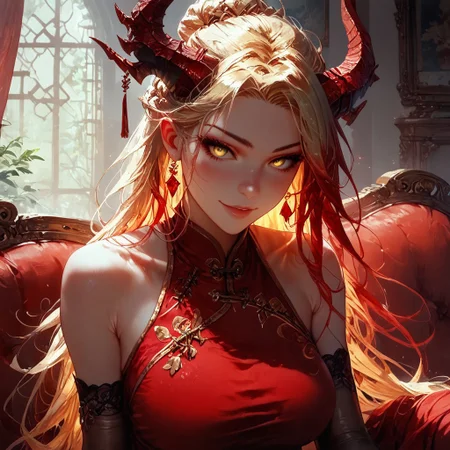 score_9, score_8_up, score_7_up, 1girl, beautiful face, red hair, gradient hair, multicolored hair, (((golden hair))), two-tone hair, detailed face, large breasts, dragon horns, beautiful gold eyes, fantasy theme, delicate and smooth skin, perfect body, highly detailed, solo, halterneck, red chinese dress, red cheongsam dress, no sleeves, bare shoulders, gold elbow gloves, pantyhose, concept art, seductive smile, seductive pose, sitting on couch, fantasy lounge room