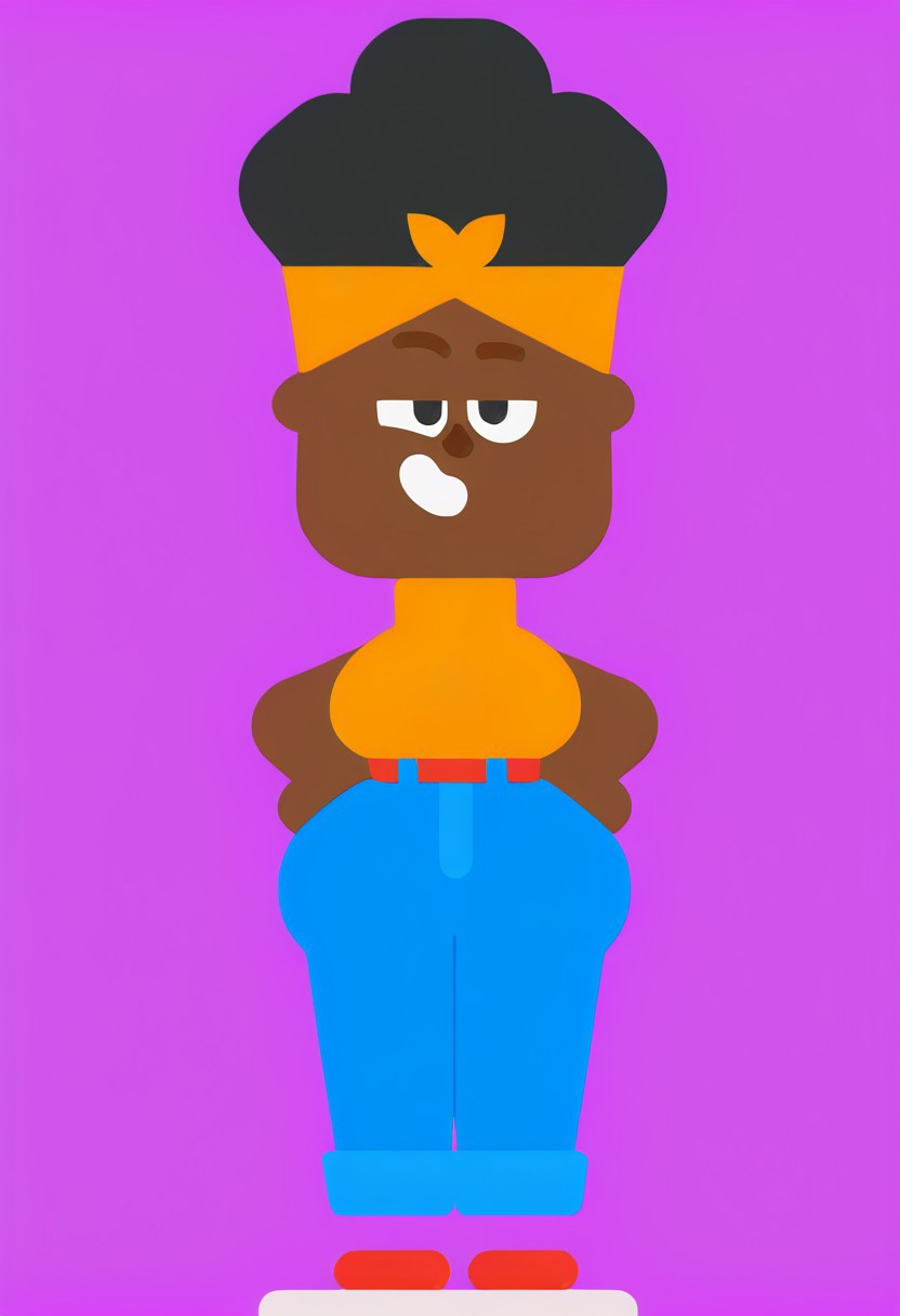 score_9, score_8_up, score_7_up, pinup girl pose, 1girl, solo, dark skin, dark skinned female, black hair, afro, headband, yellow headband, yellow shirt, blue jeans, red shoes, black eyes, cleavage, large breasts, wide hips, thick thighs, huge ass, fat ass, bottom heavy