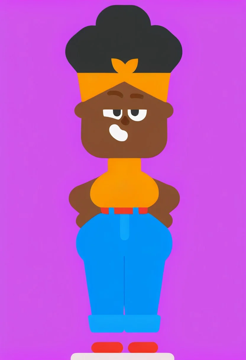 score_9, score_8_up, score_7_up, pinup girl pose, 1girl, solo, dark skin, dark skinned female, black hair, afro, headband, yellow headband, yellow shirt, blue jeans, red shoes, black eyes, cleavage, large breasts, wide hips, thick thighs, huge ass, fat ass, bottom heavy