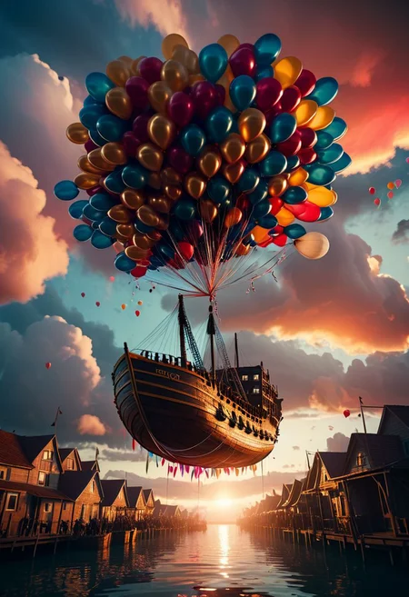 cinematic shot of ship Held aloft by balloons in cloudy sky at sunset, surreal and dreamlike, vibrant colors, atmospheric light, bokeh, high resolution