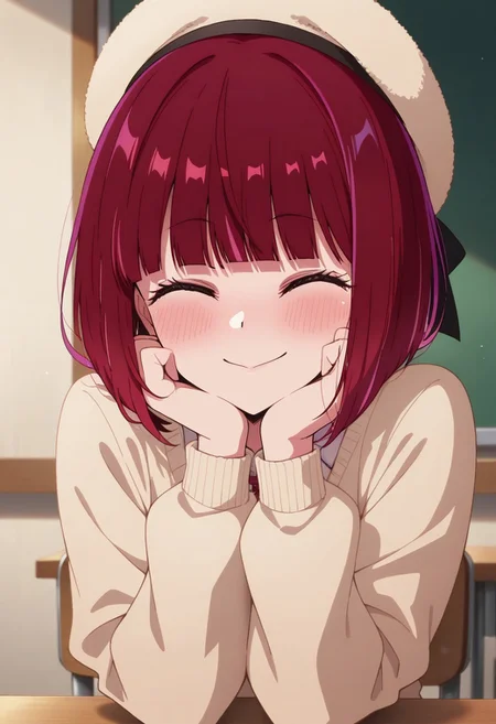 masterpiece,best quality,amazing quality, karima kana, red hair, short hair, 1girl, solo, closed eyes, blush, smile, hat, closed mouth, blunt bangs