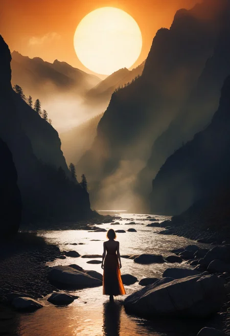 An atmospheric surreal landscape featuring a mysterious woman standing on rugged rocky terrain, facing a large glowing orange sun low on the horizon. In front of the woman is a water stream shrouded by mist. The sun appears to be drowning in this misty stream.
BREAK,
The scene is set in a narrow valley with towering rocky mountains in the background, shrouded in mist. Soft, diffused lighting creates a dreamlike ambiance, with a moody overcast sky. The water below reflects the orange glow of the sun, adding subtle illumination to the rocky foreground.
BREAK,
The (woman's silhouette is prominent, with a dark, flowing dress, standing still) as she gazes at the glowing sun. Wide depth of field, with soft shadows and a balanced exposure to enhance the contrast between the mist, sun, and mountains, photography in the style of Guy Aroch, Chiaroscuro Lighting Style