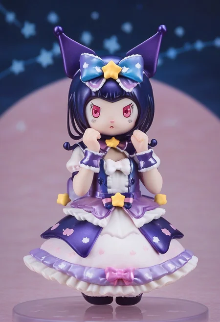 score_9, score_8_up, score_7_up,
masterpiece, best quality, detailed, amazing quality,
detailed background, starry night,
solo,
looking at viewer,
kuromi_bb, kuromi, jester cap, dress, frilly, bow, stars, lace, blind box