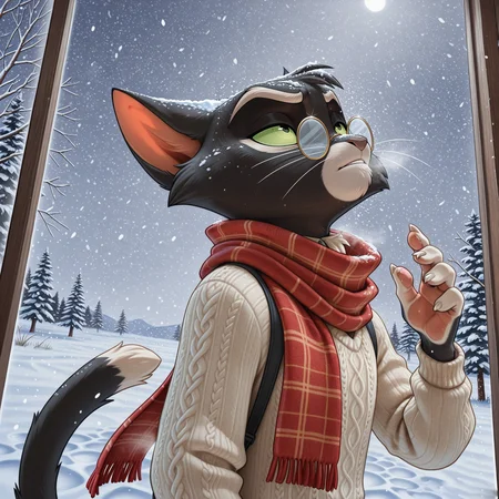 solo, anthro, male, mordecai heller, lackadaisy, glasses, snow, scarf, sweater, looking up, dynamic angle, snowing, BREAK masterpiece, best quality, amazing quality, very aesthetic, high resolution, ultra-detailed, absurd res, newest, <lora:MordecaiIL:1>