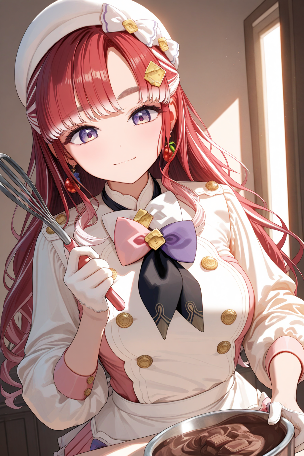 masterpiece, high score, great score, absurdres,
1girl, solo, (close-up:1.3), upper body,
saotome berry, saotome berry 1st costume,
saotome berry in a modern kitchen, holding a bowl on a table with her left hand while stirring rich chocolate inside with a spatula, photorealistic, cinematic lighting, highly detailed textures, high resolution.
beret, two hat bows, white bow, white headwear,
long hair, red hair, multicolored hair, white hair,
streaked hair, braid, wavy hair,
parted bangs, asymmetrical bangs,
thick eyebrows, purple eyes,
looking at food,
earrings, jewelry, hair ornament,
white jacket, double-breasted,
breasts,
black neckerchief,
white bowtie, pink bowtie, purple bowtie, 
pink dress, frilled dress,
buttons,
long sleeves, puffy sleeves,
half gloves,
white apron,
pleated skirt, layered skirt,
<lora:kp_SaotomeBerryAnimagineXL_v1:1.0>