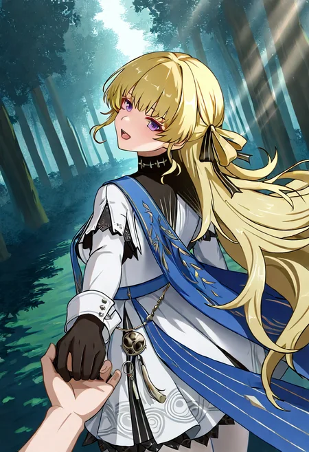 1girl, solo, phoebe wuthering waves, blonde hair, purple eyes, black gloves, blue sash, side cape, blue cape, long sleeves, white dress, white pantyhose, looking at viewer,
pulling viewer's hand, turning head back, excited, pov hand grabbing, forest trail, mid-range, dynamic angle, sunlight streaming through trees, adventurous mood
, <lora:Character_Phoebe-000015:0.8>