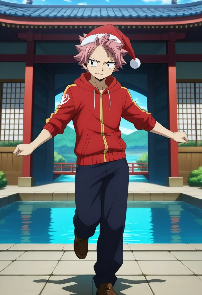 masterpiece, best quality, , anime screencap, anime coloring, , , 1boy, solo, male focus, <lora:natsu_dragneel_ilxl:0.94>, natsu_dragneel, pink hair, black eyes, spiked hair, , focused, pond, arch, japanese architecture, light, dancing, wavy mouth, Gingham Wool Sapphire Joggers, Henley hoodie, Suede loafers, Santa Claus hat, Oxygen Mask