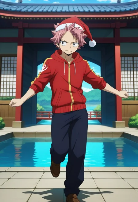 masterpiece, best quality, , anime screencap, anime coloring, , , 1boy, solo, male focus, <lora:natsu_dragneel_ilxl:0.94>, natsu_dragneel, pink hair, black eyes, spiked hair, , focused, pond, arch, japanese architecture, light, dancing, wavy mouth, Gingham Wool Sapphire Joggers, Henley hoodie, Suede loafers, Santa Claus hat, Oxygen Mask