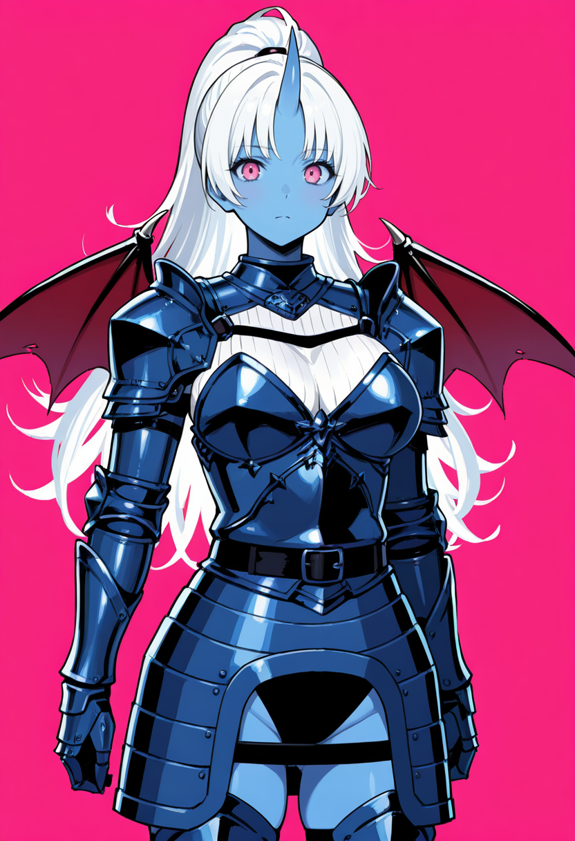 masterpiece, best quality,
1girl, solo, cowboy shot, 
standing, 
looking at viewer, 
<lora:Atoferatofe_Rybak:1> 4t0f3r4t0f3R1b4k, single horn, long hair, white hair, demon girl, demon wings, colored skin, large breasts, pink eyes, high ponytail, 
armor, pauldrons, breastplate, gauntlets, 
simple background, pink background,