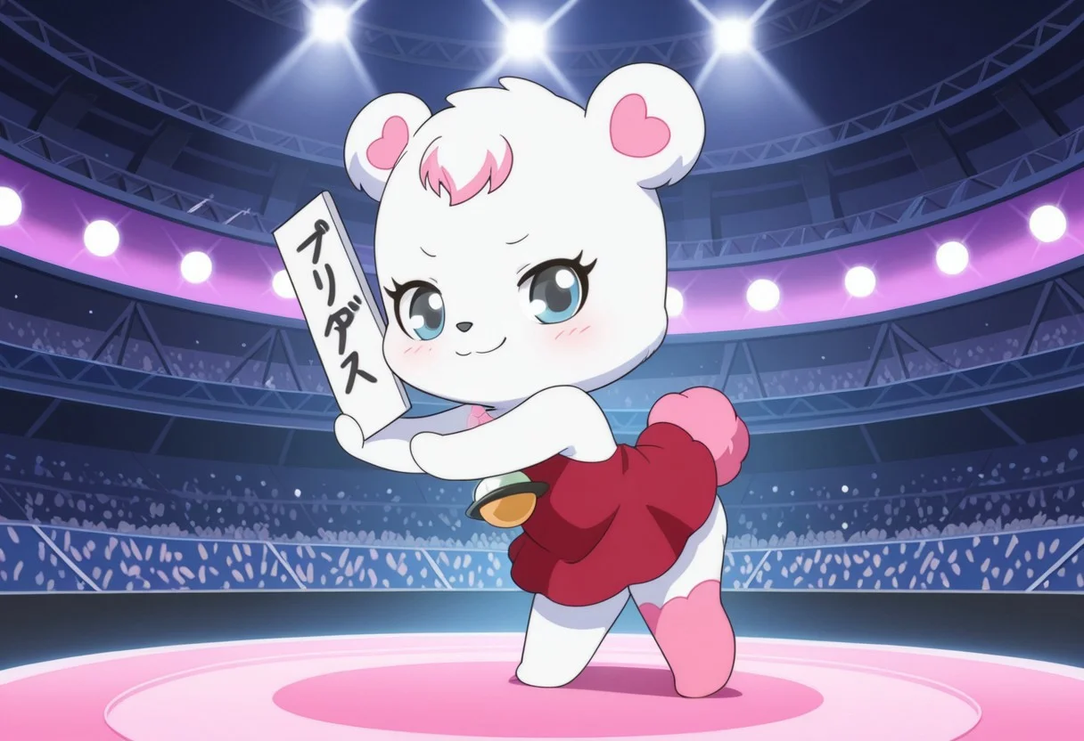 best quality, masterpiece, smirks, Full Body, Romantic, Small Body, Furry, looking_pleasured, labrajp, chibi, feral, multicolored hair, pink tail, tufted fur, furry, one pink leg, necklace, bear, red dress, spot light, holding sign, writing " Text buzz dance", on stage, music stadium, dancing on stage, (((adorable pose))), cuteness, smile at view