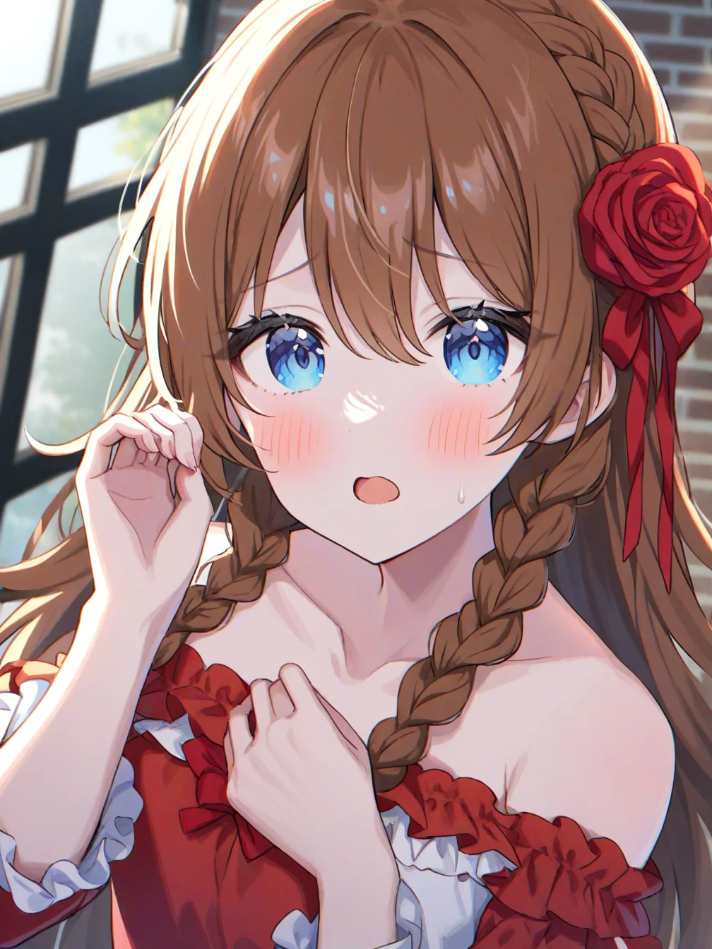 hair flower,1girl,hair ornament,blue eyes,flower,long hair,dress,red dress,brown hair,window,blush,open mouth,looking at viewer,collarbone,off-shoulder dress,off shoulder,long sleeves,bow,hair between eyes,red flower,bare shoulders,rose,solo,brick wall,frills,pov,backlighting,indoors,braid,red rose,hand on own chest,hand up,
<lora:ag31-momoimon_1-000040:1>,