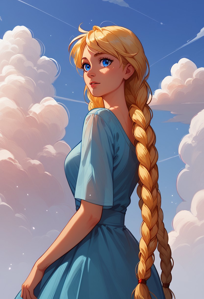 score_9, score_8_up, score_7_up, summer, purple sky, clouds, warm light, amazing background,
slavya, blonde hair, very long hair, long hair, twin braids, blue eyes