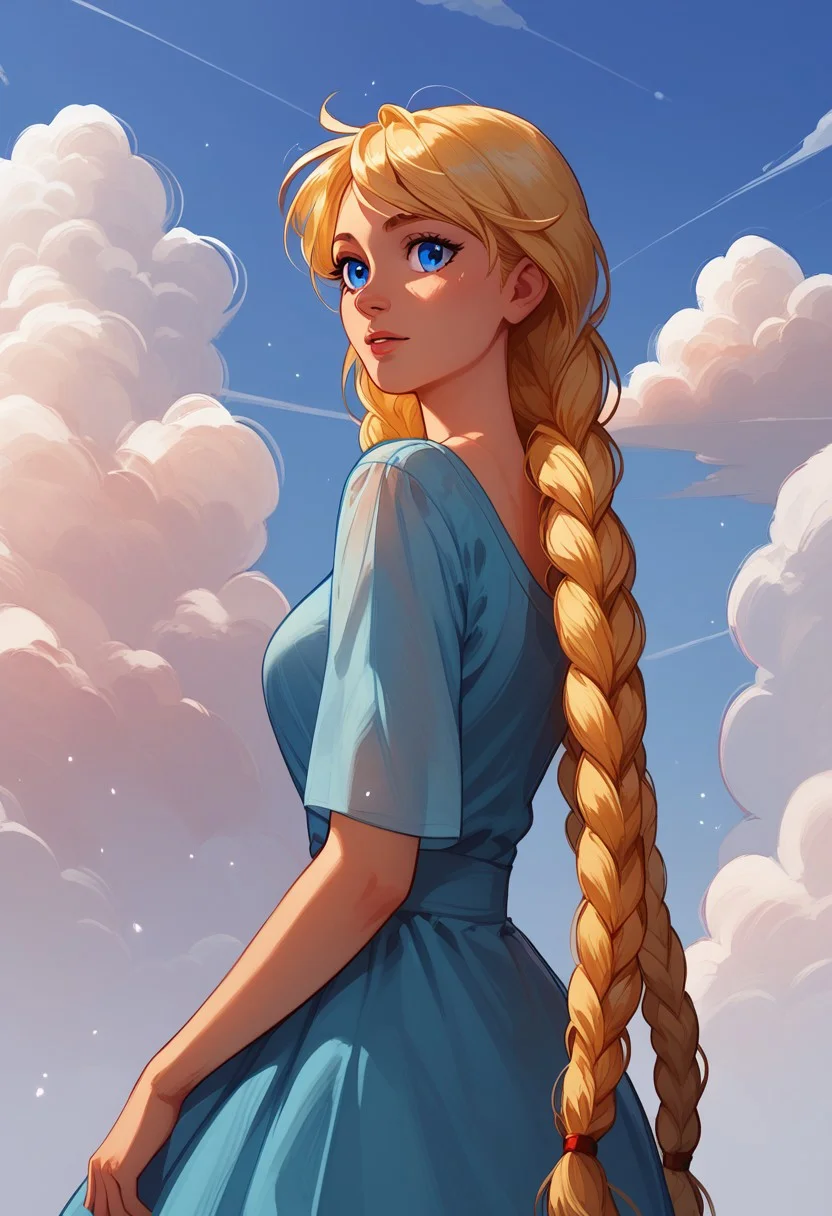 score_9, score_8_up, score_7_up, summer, purple sky, clouds, warm light, amazing background,
slavya, blonde hair, very long hair, long hair, twin braids, blue eyes