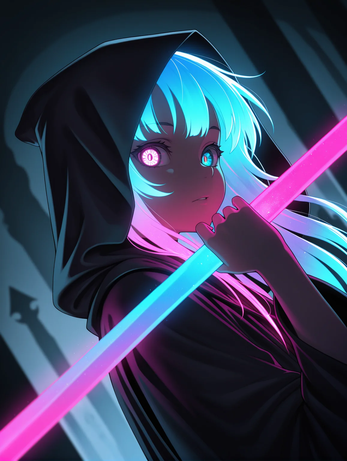 depth of field, focused subject, close up, 1girl, demon face, solo, black jedi robe, glowing hair, looking at the viewer, heterochromia eyes, neon color palette, holding neon sword, eerie, dynamic lighting, shadows, silhouette, ghost in armor, dynamic angle,from side,
,masterpiece,best quality,amazing quality,