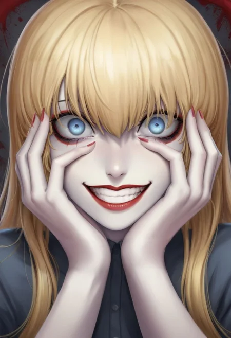 illustrioussciamano, masterpiece, best quality, highres, absurdres BREAK 1girl, female, portrait, blonde hair, long hair, hair over face, blue eyes, dark eyeliner, red lipstick, pale skin, looking at viewer, crazy eyes, wide-eyed, grin, hands on own face, <lora:Sciamano240_Style_-_Illustrious:1>