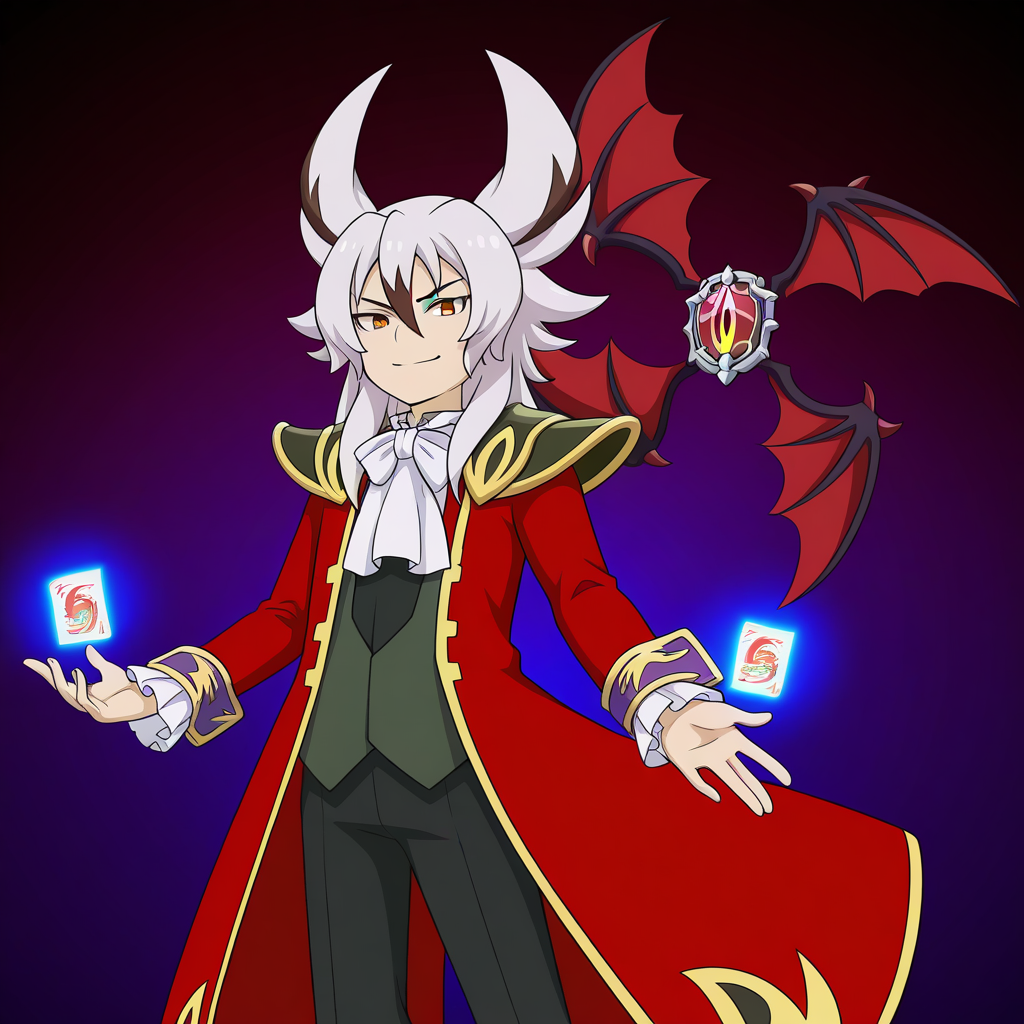 masterpiece,best quality,amazing quality BREAK kyoya gaen,disaster force,card,1boy,male focus,holding card,floating card,glowing card,dark core deck case\(wings\),bat wings,floating object,floating,holding,smile,solo,armor,ascot,coat,shoulder armor,red coat,waistcoat,bowtie,long sleeves,long coat,black pants,horns,long hair,<lora:Kyoya_Gaen_V2-3>,