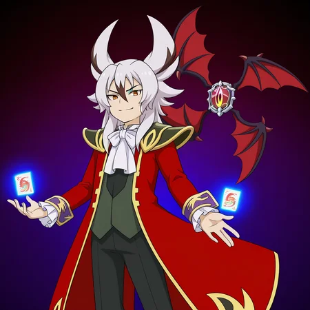 masterpiece,best quality,amazing quality BREAK kyoya gaen,disaster force,card,1boy,male focus,holding card,floating card,glowing card,dark core deck case\(wings\),bat wings,floating object,floating,holding,smile,solo,armor,ascot,coat,shoulder armor,red coat,waistcoat,bowtie,long sleeves,long coat,black pants,horns,long hair,<lora:Kyoya_Gaen_V2-3>,