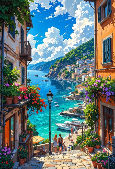 A beautiful view of Capri Island with colorful tourists, vibrant glow