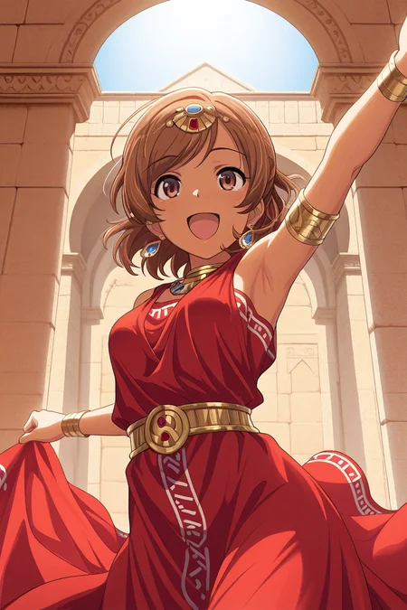 masterpiece, best quality, amazing quality,
<lora:Karen_IL:1> karen, 1girl, brown hair, solo, dress, open mouth, smile, brown eyes, armlet, jewelry, earrings, :d, red dress, armpits, greece,