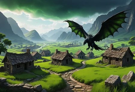 masterpiece, best quality, ultra detailed, 8k, a breathtaking panorama of a death, hidden valley nestled between eerie mountains. The valley should be filled with corrupted trees, creating a dark atmosphere in the landscape. Include a green poisoned river winding through the valley, with a ruined stonebridge spanning its width. Depict a small, rustic village in the distance, with smoke gently rising from the chimneys stone cottages. Add a sense of horror and undead, such as raven grazing peacefully and dragons soaring overhead. Ensure the overall atmosphere is horrorific, capturing the corrupted nature of the undead