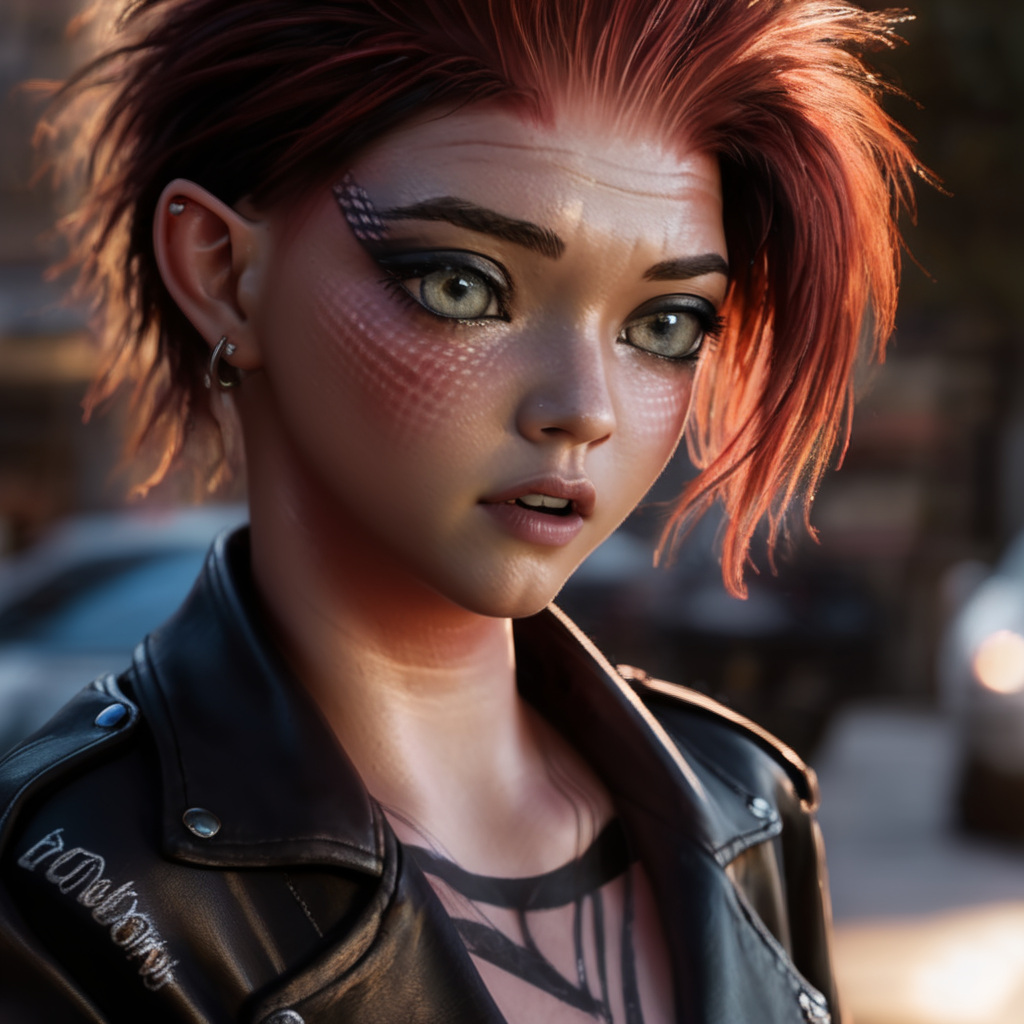 Art3mis  a woman with red hair and a black shirt, leather bikers jacket, posing and looking at the camera, Adam Rex, punk, a character portrait, antipodeans<lora:Art3mis_sdxlr_resized_256_bf16:1>, (sharp focus:1.2), photo, attractive  woman, (beautiful face:1.1), detailed eyes, luscious lips, (cat eye makeup:0.85), (large eyes:1.0), (toned body:1.2), (long hair:1.2),   (moody lighting:1.2), depth of field, bokeh, 4K, HDR. body freckles, beautiful eyes, beauty marks,