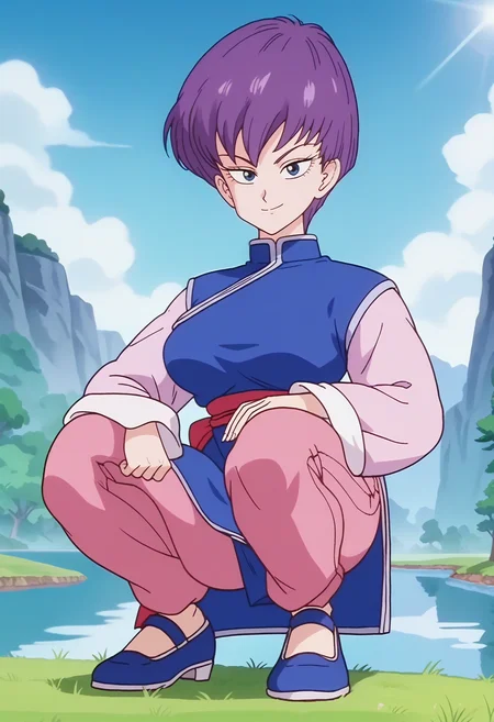 score_9, score_8_up, score_7_up, score_6_up, anime screencap, anime coloring, <lora:DBExtraGirl14:0.9>, DBExtraGirlFanfan, purple hair, short hair, dark blue eyes, breasts, 
chinese clothes, long sleeves, sleeves past wrists, sash, side slit, pink pants,
blue shoes,
looking at viewer, squatting, smile, from below, 
BREAK day, grass, blue sky, sunlight, sunbeam, nature, river,