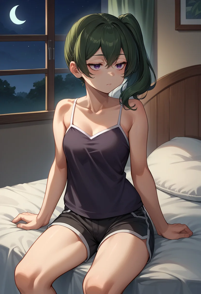 score_9, score_8_up, source_anime, 1girl, solo, UbelFrieren, purple eyes, dark green hair, medium hair, side ponytail, sleepwear, camisole, shorts, on bed, night, <lora:CHAR-UbelPonyXL:1>
