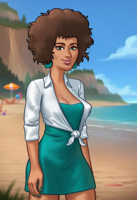 score_9, score_8_up, score_7_up, score_6_up, score_5_up, score_4_up, ((low depth of field)), <lora:SummertimeSagaXL_Pony:0.4>, (Drawn in the style of summertime saga), (beautiful landscape),
BREAK
<lora:stsRoss-10e:0.7>, stsross standing on beach, 1girl, medium breasts, green eyes, green nails, brown hair, afro, green earings, green dress, white shirt, tied shirt, looking at viewer, smile