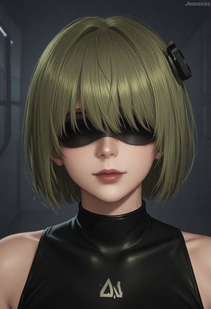 1girl, solo, solo focus, highres, absurdres, CL_Dummy, short hair, long bangs, hair over eyes, light green hair, lipstick, shiny lips, brown lips, circle hair ornament, covered eyes,   
black leotard,
looking at viewer, head tilt, light smile, closed mouth, close-up, face focus,
factory, industrial pipe, stasis tank, dark,