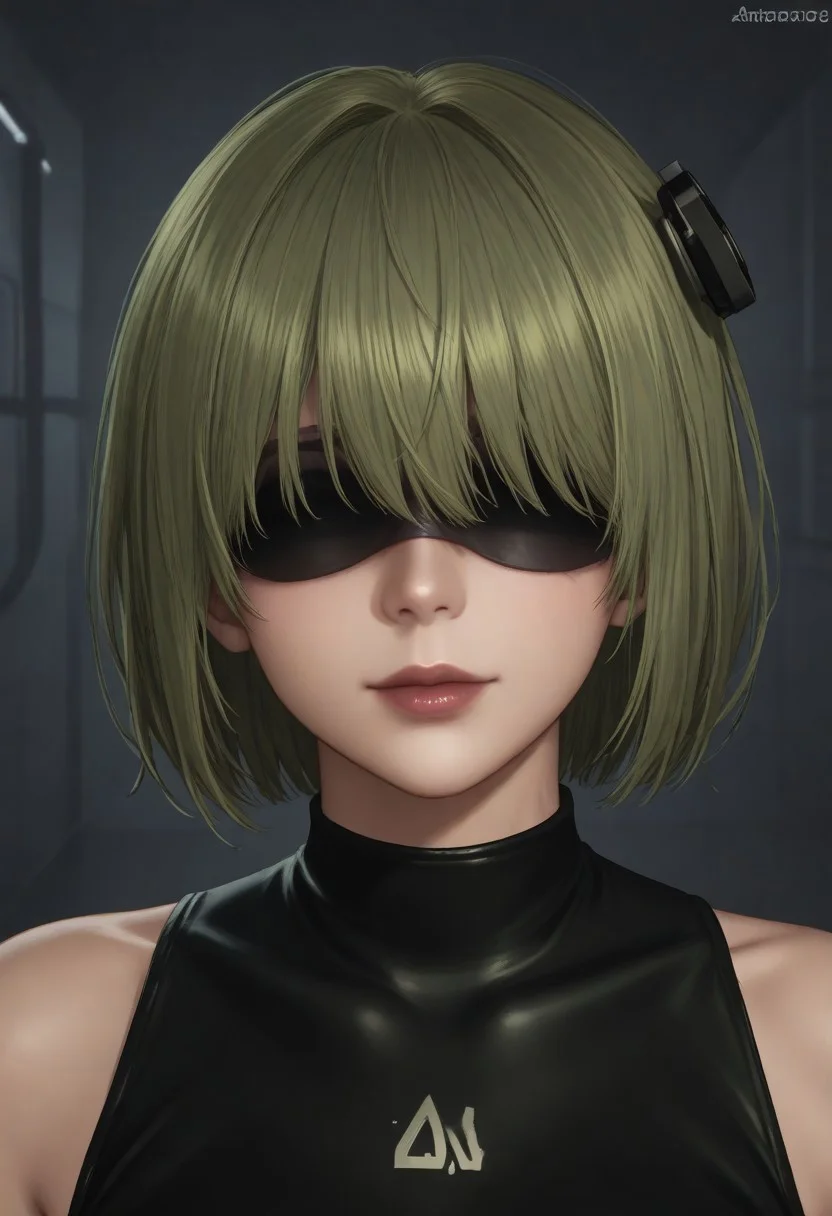 1girl, solo, solo focus, highres, absurdres, CL_Dummy, short hair, long bangs, hair over eyes, light green hair, lipstick, shiny lips, brown lips, circle hair ornament, covered eyes,
black leotard,
looking at viewer, head tilt, light smile, closed mouth, close-up, face focus,
factory, industrial pipe, stasis tank, dark,