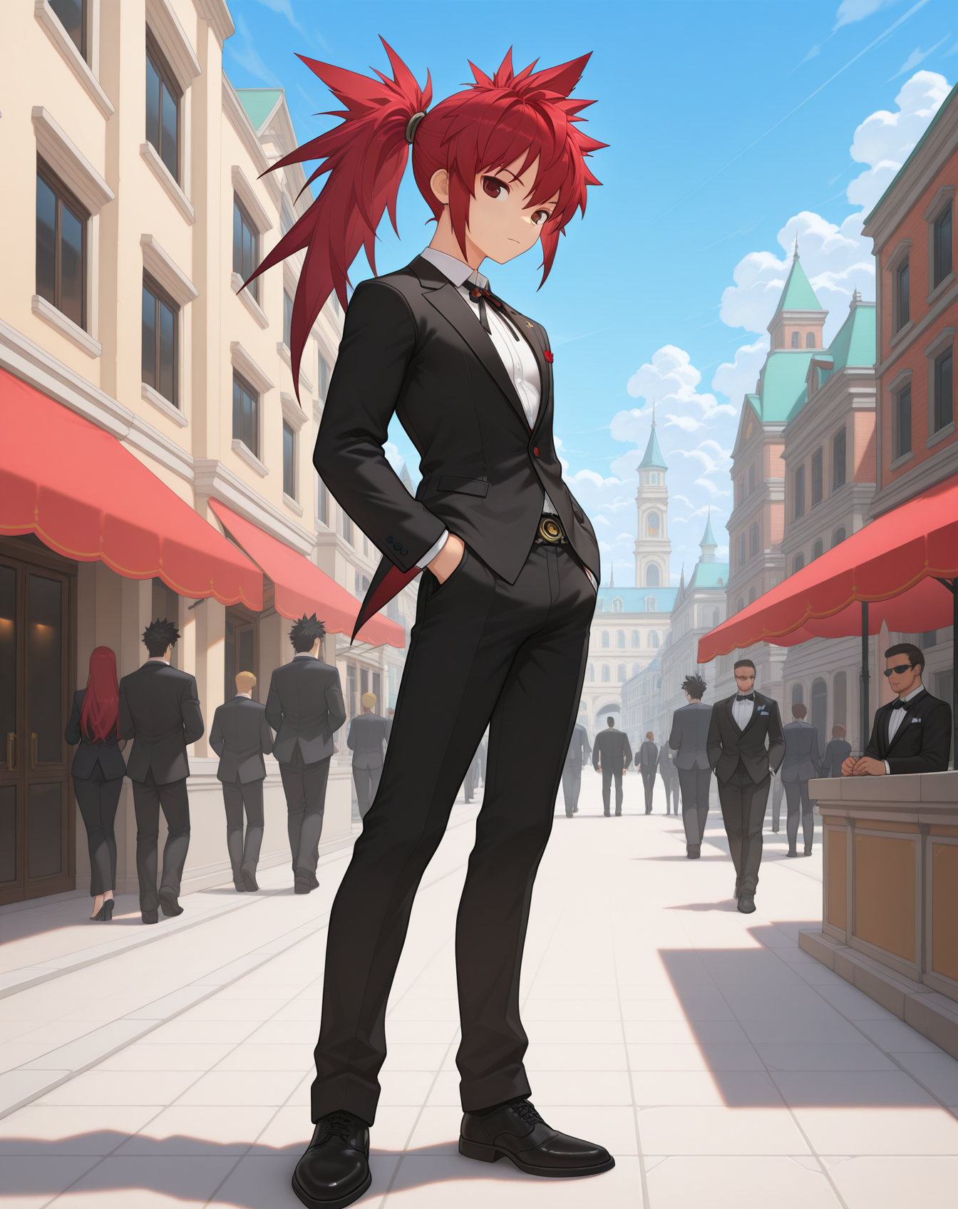 masterpiece,best quality,amazing quality, newest, very aesthetic, absurdres,
1boy, solo, yaoi, male focus, looking at viewer, cowboy shot, standing,
 <lora:Elsword_Sheath_Knight_ilxl:1> elswordsk, red hair, red eyes, spiked hair, long hair, ponytail,
formal, tuxedo, neck ribbon, white shirt, collared shirt, black pants, shoes, black footwear, suit jacket, black jacket,
outdoors, day, blue sky, building, people,