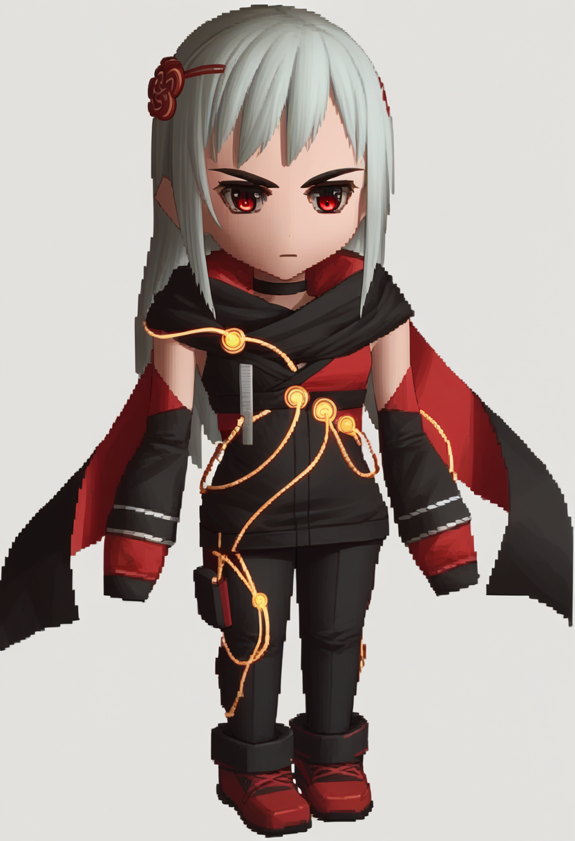 score_9, score_8_up, score_7_up, source_anime, BREAK 1girl, solo, <lora:zs_FFVIIChibisXL_1:1.15> ffviichibis, chibi, standing, full body, white background, <lora:KasaneSN-pdxl:0.75> defKasane, long hair, hair ornament, choker, black jacket, black scarf, red cape, detached sleeves, cables, red gloves, black pants, shoes