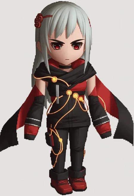 score_9, score_8_up, score_7_up, source_anime, BREAK 1girl, solo, <lora:zs_FFVIIChibisXL_1:1.15> ffviichibis, chibi, standing, full body, white background, <lora:KasaneSN-pdxl:0.75> defKasane, long hair, hair ornament, choker, black jacket, black scarf, red cape, detached sleeves, cables, red gloves, black pants, shoes