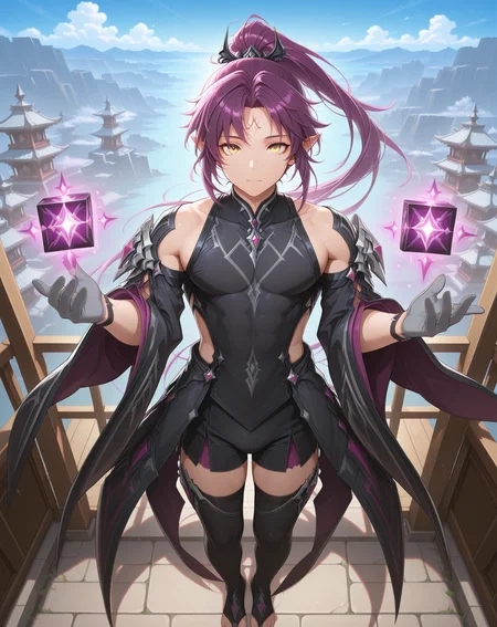 masterpiece, amazing quality, best quality, absurdres, very aesthetic,
1boy, solo, yaoi, male focus, full body, from above, standing, looking at viewer, face focus,
<lora:Veigas_FSI_ilxl:1> veigasfsi, black gloves, forehead mark, pointy ears, purple hair, high ponytail,yellow eyes, floating hair,
cube, black thighhighs, toeless legwear, black shorts, grey gloves, detached sleeves, wide sleeves, floating object,
outdoors, day, blue sky,