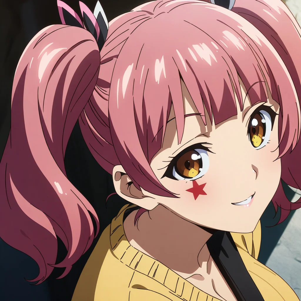 fujinoki_nene, pink hair, brown eyes, large breasts, twintails, red star mark below eye, inner white shirt, yellow sweater, portrait, cleavage, seductive smile, looking at viewer, anime coloring, <lora:XL-FujinokiNene:1>, (masterpiece),(best quality),(ultra-detailed),(best illustration),(best shadow),(absurdres),(detailed background),(very aesthetic),