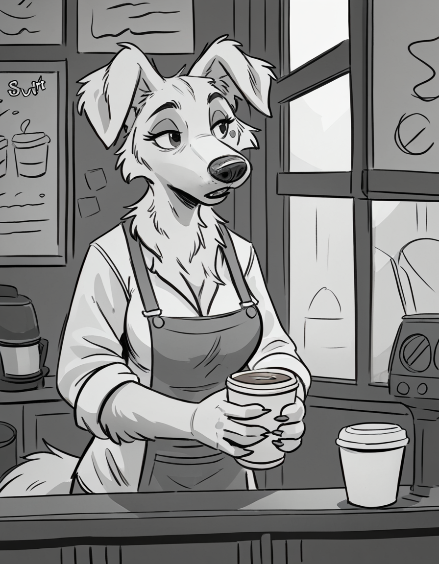 Furry, adult golden retriever female, female, wearing a barista clothing, holding a cup of coffee, interior of a coffee shop. 
source_furry,
<lora:GrayCove:0.5> monochrome, furry <lora:Tritscrits_Style_PonyXL:1> tr1tscr1ts <lora:kb0g_1.0Pony:0.8>  <lora:Jacato_Style_Pony:0.5>, score_9, score_8_up, score_7_up, score_6_up, score_5_up,