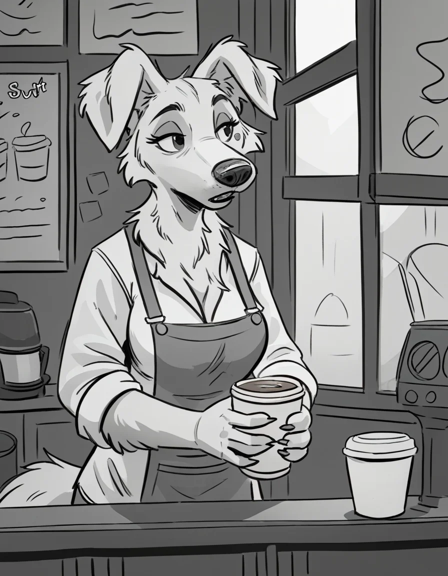 Furry, adult golden retriever female, female, wearing a barista clothing, holding a cup of coffee, interior of a coffee shop.
source_furry,
<lora:GrayCove:0.5> monochrome, furry <lora:Tritscrits_Style_PonyXL:1> tr1tscr1ts <lora:kb0g_1.0Pony:0.8> <lora:Jacato_Style_Pony:0.5>, score_9, score_8_up, score_7_up, score_6_up, score_5_up,