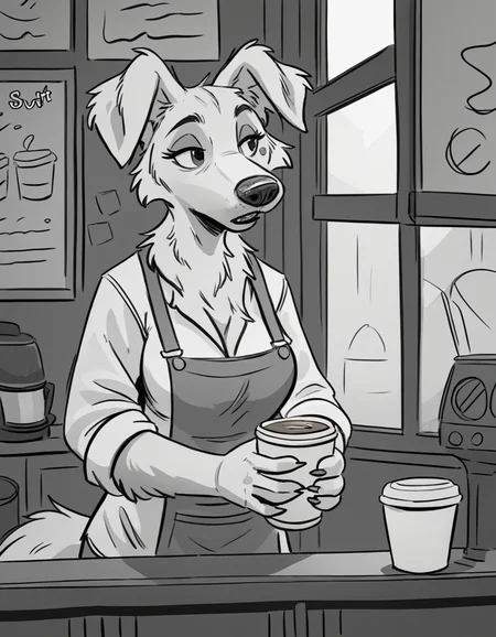 Furry, adult golden retriever female, female, wearing a barista clothing, holding a cup of coffee, interior of a coffee shop.
source_furry,
<lora:GrayCove:0.5> monochrome, furry <lora:Tritscrits_Style_PonyXL:1> tr1tscr1ts <lora:kb0g_1.0Pony:0.8> <lora:Jacato_Style_Pony:0.5>, score_9, score_8_up, score_7_up, score_6_up, score_5_up,