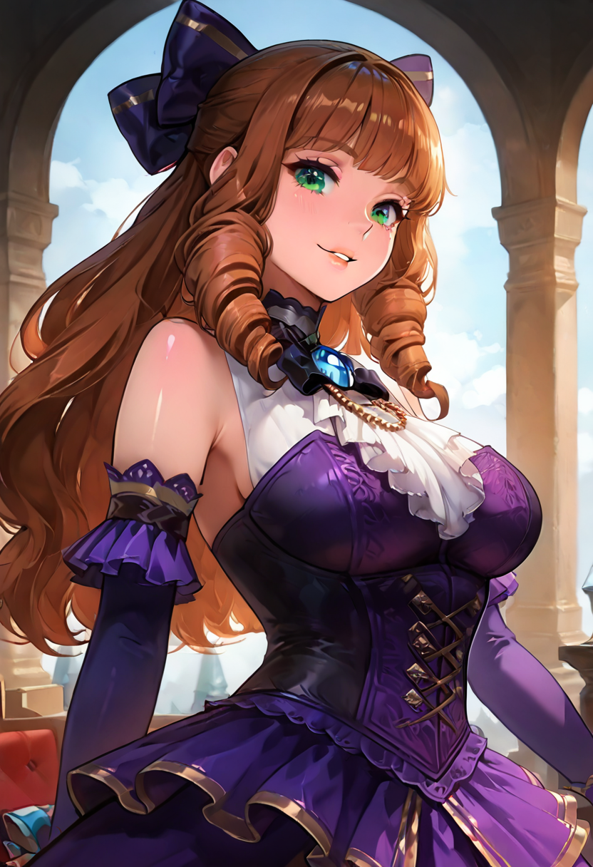 masterpiece, best quality, solo, curvy, beautiful eyes,  zzGuinevere, green eyes, brown hair, long hair, bow, hair bow, detached sleeves, dress, bare shoulders, frills, corset, purple dress, parted lips  ,  <lora:GuinevereMLIXL:1.0>,upper body, side view, smile, looking at viewer, shiny skin,