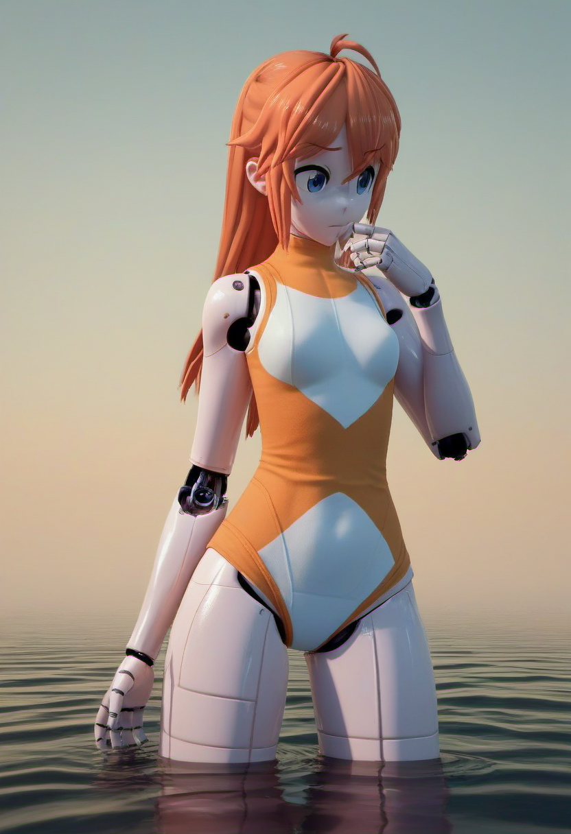 zPDXL, score_9, score_8_up, score_7_up, score_6_up, score_5_up, score_4_up, BREAK <lora:Molly_MacCormack_from_LiL_PonyXL:0.8>, swimsuit_molly, 1girl, solo, hair between eyes, as a mech, giant robot, robotic limbs, robotic joints, metal skin, metal hair, standing in water, partially submerged