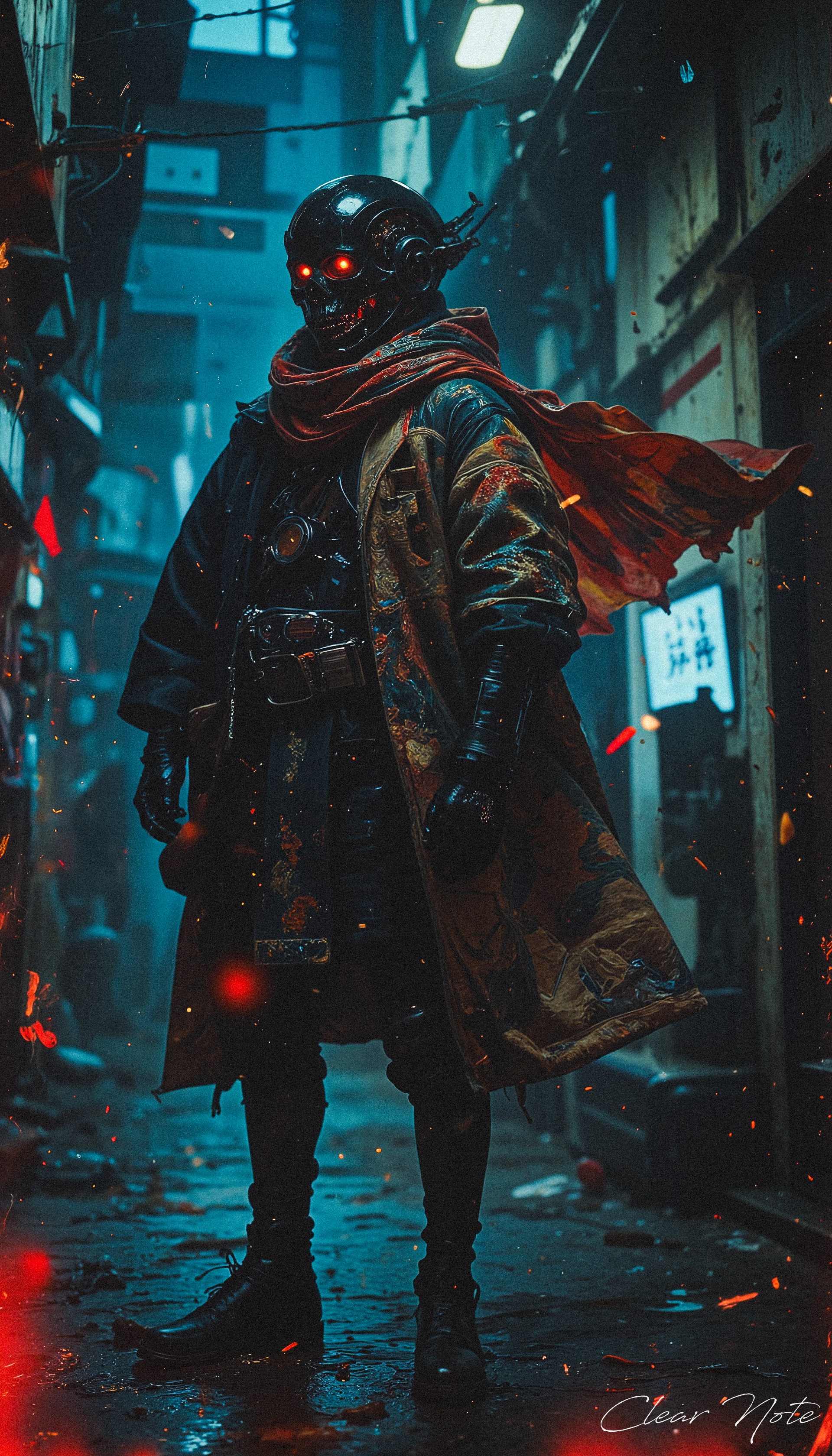 In a shadowy alley, a sleek cyborg reaper stands tall, its glowing red eyes piercing the darkness. Clad in a sharp, stylish jacket and a flowing scarf that dances in the cold night breeze, it exudes an air of deadly sophistication. The faint glint of its metallic frame hints at its inhuman power, while the grim silence of the alley amplifies its ominous presence, a harbinger of unavoidable fate.