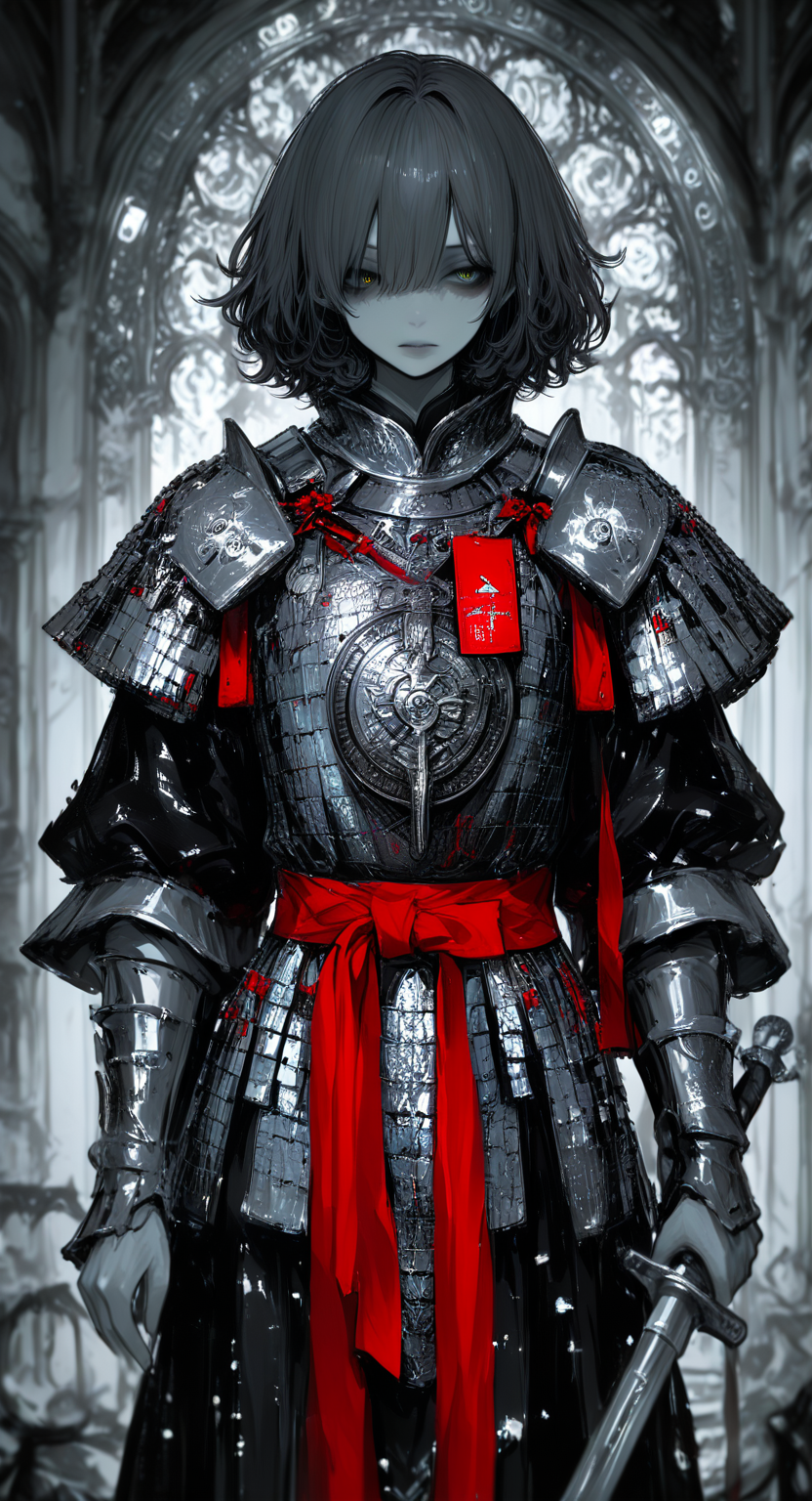masterpiece, best quality, good quality, very awa, very aesthetic, absurdres, newest, Hikigaya Hachiman (Oregairu)wearing ancient chinese armor and holding an ancient sword, dark unkempt hair, black beady eyes, BREAK armor, ornate design, silver-plated metal, golden decorative accents, intricate engravings, scale-mail chest piece, reinforced pauldrons, red sash and ribbon details, BREAK elegant yet practical design, traditional craftsmanship, historical aesthetic, battle-worn texture,RTKXIII style, Cinematic Lighting,
limited palette, glowing, psychedelic, <lora:NOOB_vp1_detailer_by_volnovik_v1:0.35> <lora:noobai_ep11_stabilizer_v0.138_fp16:0.4> <lora:ponyv6_noobV1_2_adamW-000017:0.7> <lora:ç»ªå¿_åæ¶æå¾åå½±è´¨æå¢å¼ºV3:0.3> <lora:r17329_illuu:0.3> <lora:748cmXL_NB11_lokr_V6311P:0.8>