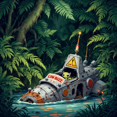 A cute curious, small alien creature peers out from behind a lush fern in the dense, vibrant jungle, investigating where a spaceship wreckage lies half-submerged in the murky water. A distress beacon on the wreckage displays a warning message: 'Low Buzz'.