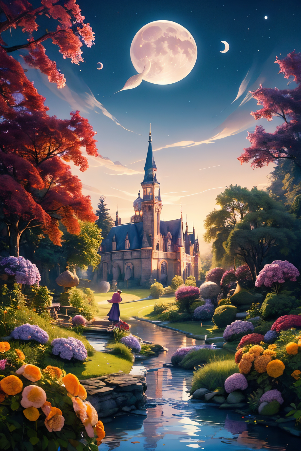 (Realistic:1.5) EdobFairyTaleLandscape, 1girl, hydrangea, church, tree stump, pond, tree, river, red moon, no humans, crescent moon, <lora:EdobFairyTaleLandscape_v1.0:0.8>