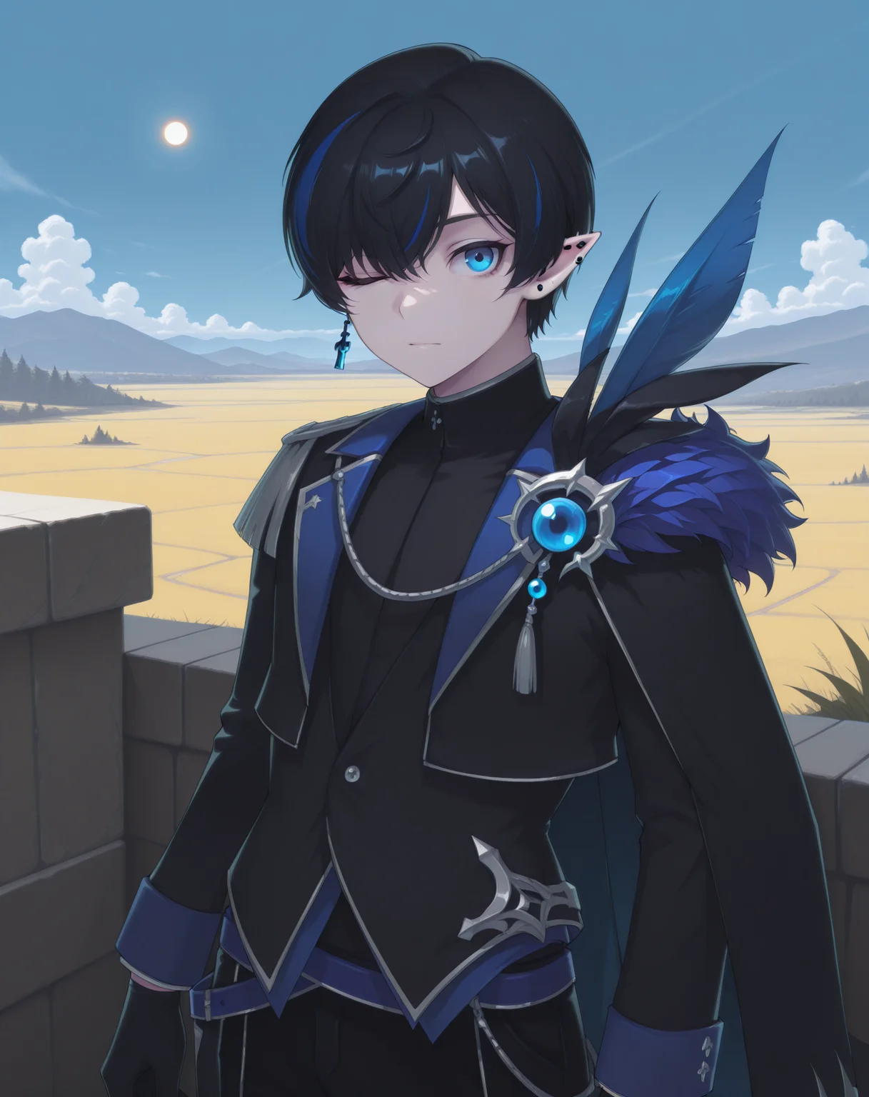 masterpiece, amazing quality, best quality, absurdres, very aesthetic,
1boy, solo, yaoi, male focus, cowboy shot, upper body, looking at viewer, face focus,
<lora:Bergamot:1> bergamot, black hair, blue eyes, multicolored hair, pointy ears, blue hair, streaked hair, hair over one eye, short hair,pale skin, one eye closed,
black gloves, black cape, black pants, cropped jacket, long sleeves, black jacket, feathers, shirt, blue cape,
jewelry, earrings, single earring, ear piercing,
outdoors, day, blue sky, sun,