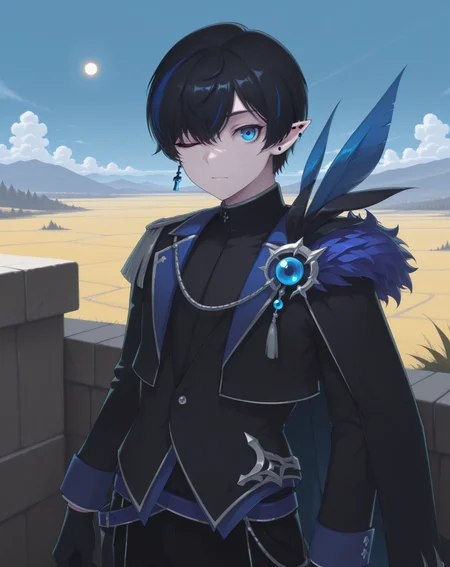 masterpiece, amazing quality, best quality, absurdres, very aesthetic,
1boy, solo, yaoi, male focus, cowboy shot, upper body, looking at viewer, face focus,
<lora:Bergamot:1> bergamot, black hair, blue eyes, multicolored hair, pointy ears, blue hair, streaked hair, hair over one eye, short hair,pale skin, one eye closed,
black gloves, black cape, black pants, cropped jacket, long sleeves, black jacket, feathers, shirt, blue cape,
jewelry, earrings, single earring, ear piercing,
outdoors, day, blue sky, sun,