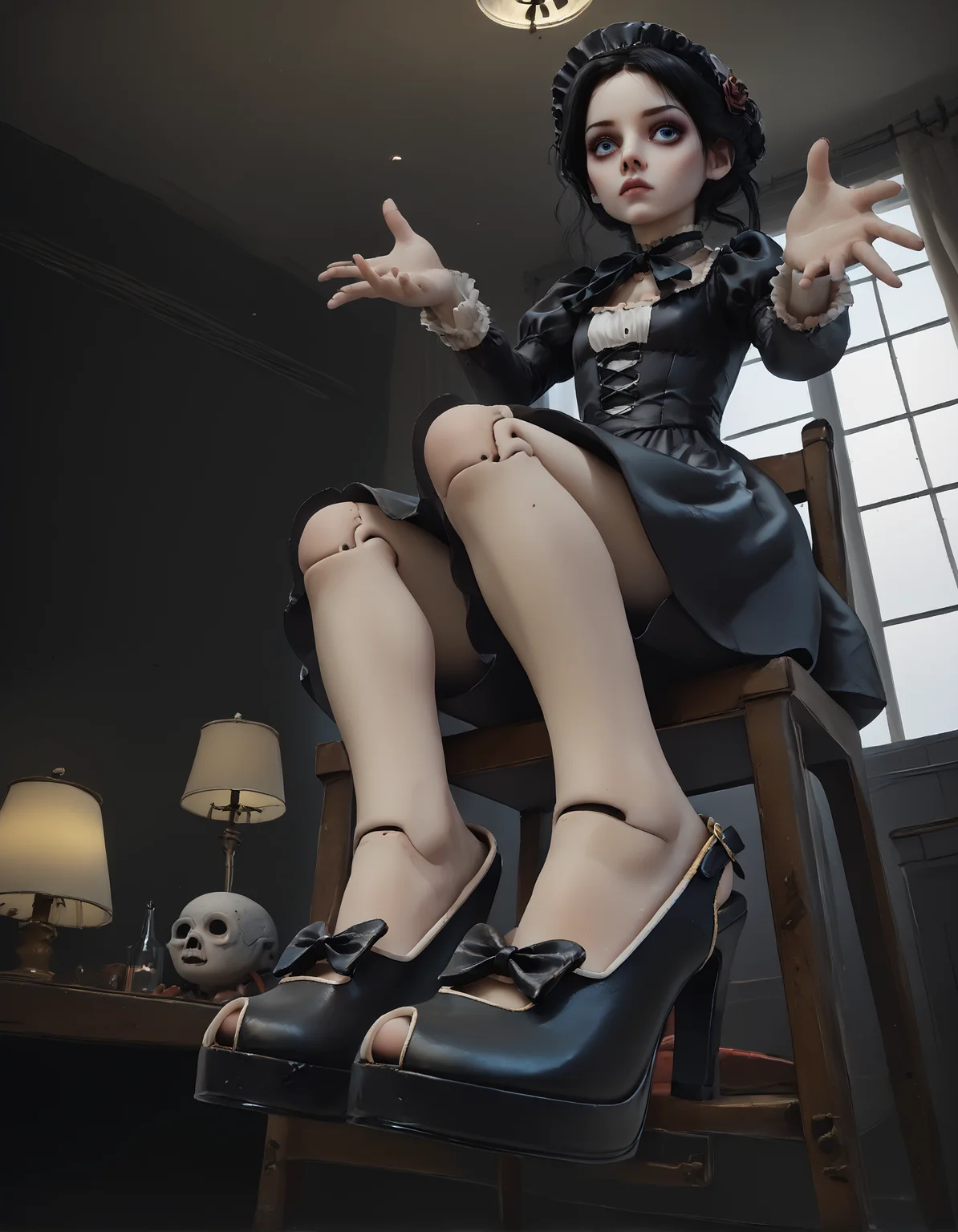 score_9, score_8_up, score_7_up, score_6_up, score_5_up, score_4_up,
sitting, chair, victorian furniture,
1girl, goth, black dress, black hair,
doll, ball joints, long legs, blank eyes, wide eyes, blank stare, looking at viewer, expressionless,
indoors, school,
(arms outstretched:1.2), (reaching toward viewer:1.3),
(from below), foot focus, from side,
wide angle, fisheye lens,
night, dark, dark background, Low-key lighting,
light particles,
(r3w1nd heels),
embedding:zPDXL2 ,