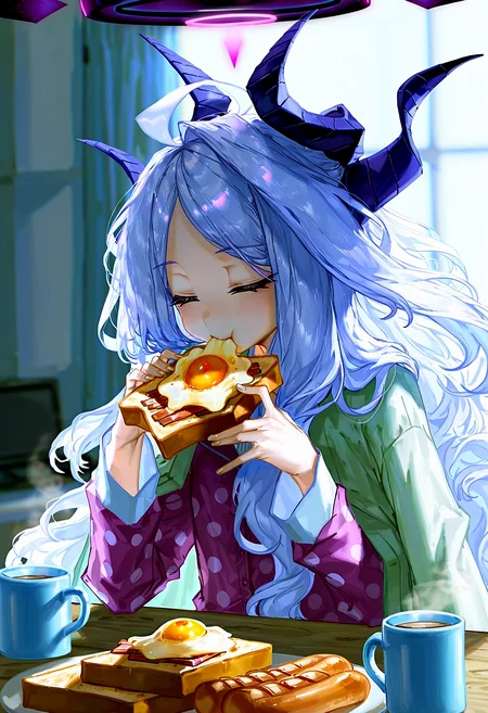 1girl, solo, long hair, long sleeves, closed eyes, white hair, ahoge, horns, wings, indoors, official alternate costume, halo, cup, phone, eating, holding food, cellphone, demon horns, polka dot, steam, smartphone, demon wings, mug, pajamas, jacket on shoulders, bread, coffee, coffee mug, multiple horns, yellow cardigan, bread slice, egg \(food\), fried egg, toast, morning, pink pajamas, sausage, bacon, hina \(blue archive\), <lora:quasarcake:0.8>, quasarcake