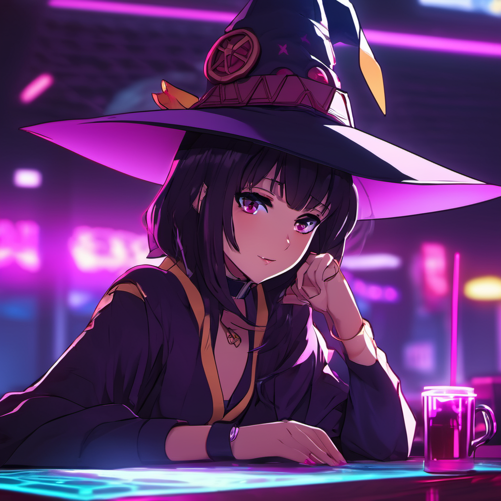 neonpunk style a girl, megumin, sitting at table, sad, pout, looking away, witch hat, <lora:megumin:0.8> . cyberpunk, vaporwave, neon, vibes, vibrant, stunningly beautiful, crisp, detailed, sleek, ultramodern, magenta highlights, dark purple shadows, high contrast, cinematic, ultra detailed, intricate, professional